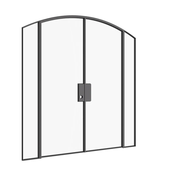 Architectural double arch steel door with sidelights and balanced proportions.