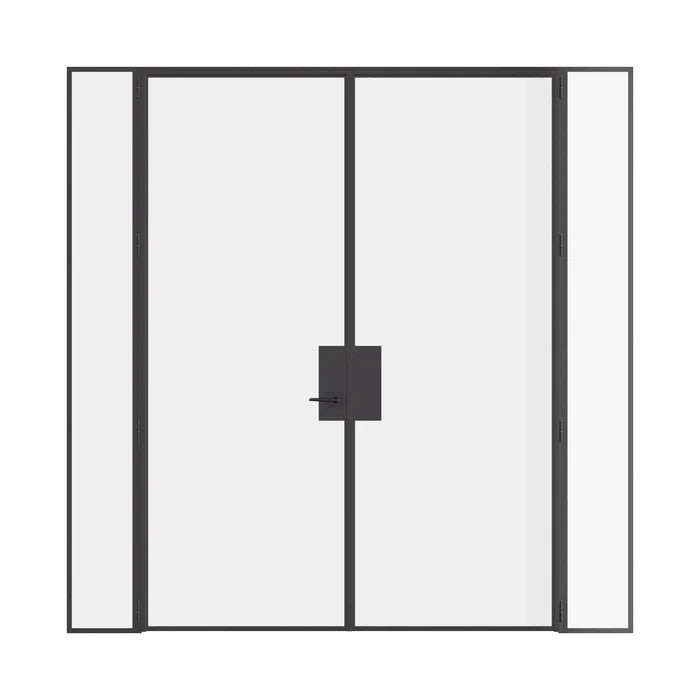 Pre-hung double flat steel door with sidelights, crafted from solid hot-rolled steel.