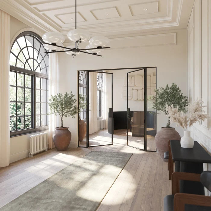 Modular double flat steel door with side windows and architectural proportions.