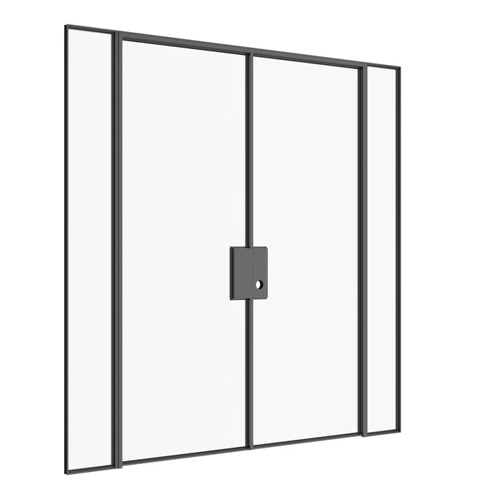 Solid steel double flat door with sidelights and minimalist design.