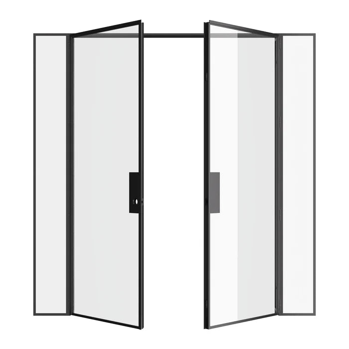 Double flat interior steel door with side windows, prehung modular steel and slim frame