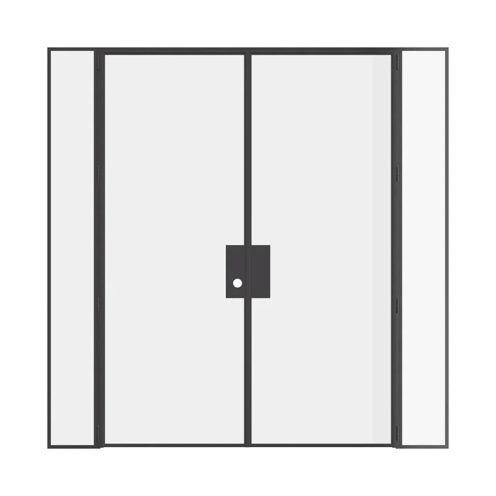 Double flat steel door with sidelights, hot-rolled steel and narrow architectural profile