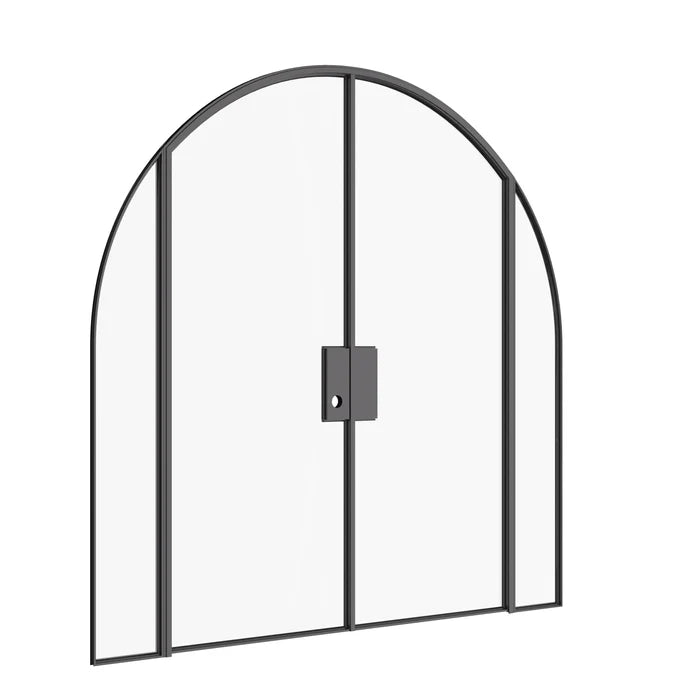Architectural double full arch steel door with sidelights and narrow frame