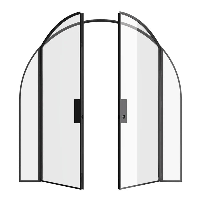 Double full arch steel door with side windows, hot-rolled steel and narrow architectural lines