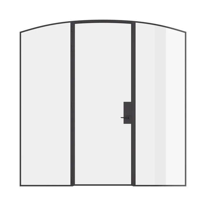 Pre-hung single arch steel door with sidelights, crafted from solid hot-rolled steel.