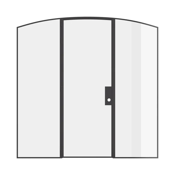 Single arch steel door with side windows, prehung modular steel and slim sightlines