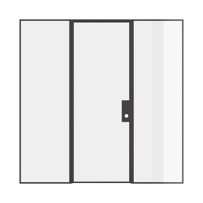 Single flat steel door with side windows, prehung modular steel and slim frame