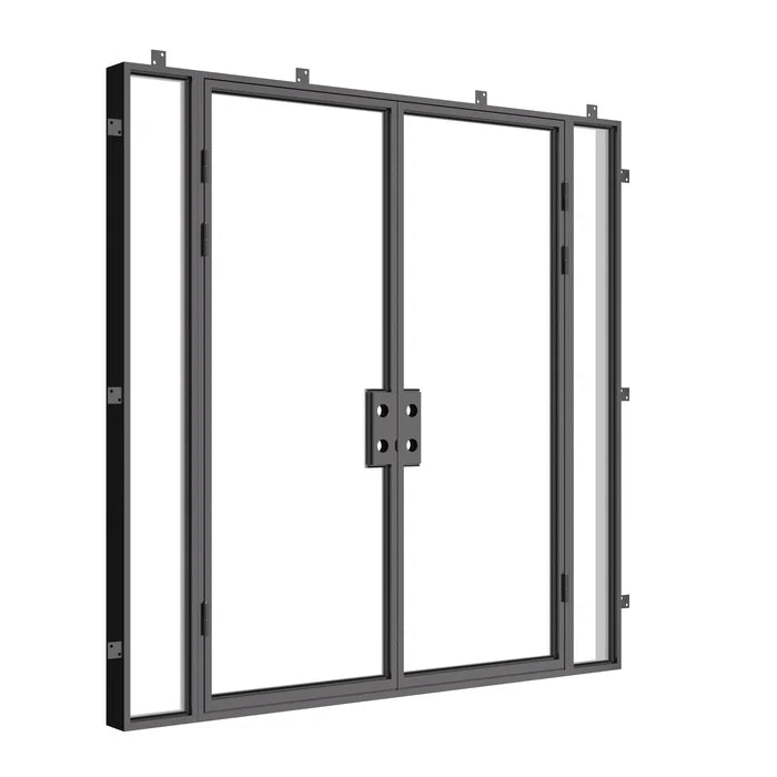 Architectural double flat steel doors with sidelights.