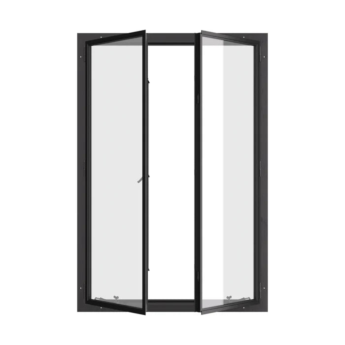 Thermally broken double casement steel window, portrait, cold-rolled steel, black, dual pane Low-E glass