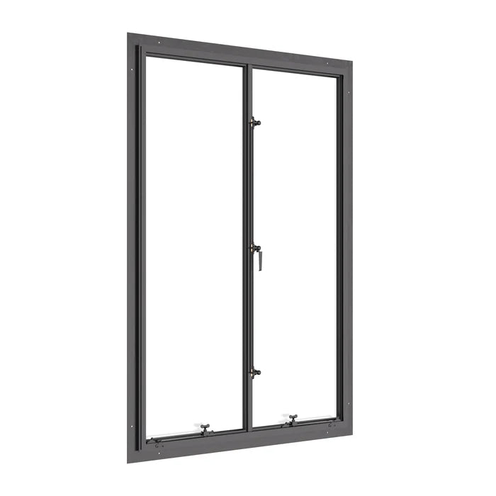 Thermally broken double casement steel window, portrait, cold-rolled steel, black finish, Low-E glass