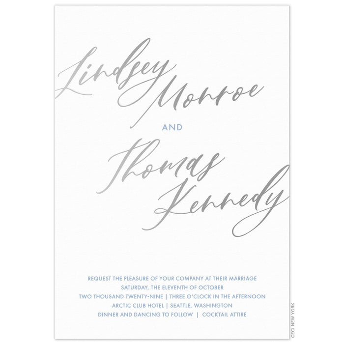 white paper invitation with silver modern script writing and blue block font