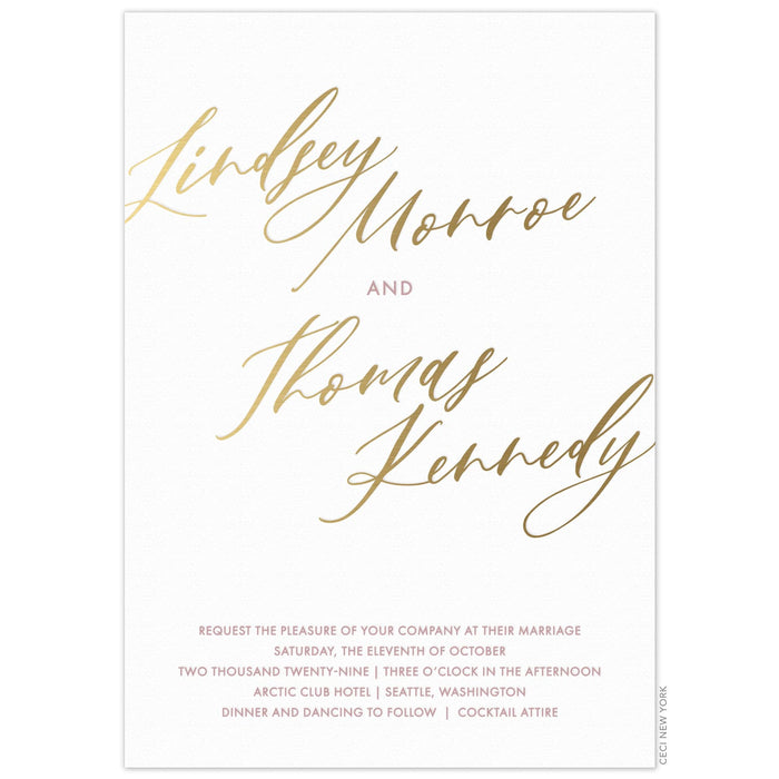 white paper invitation with gold modern script writing and red block font