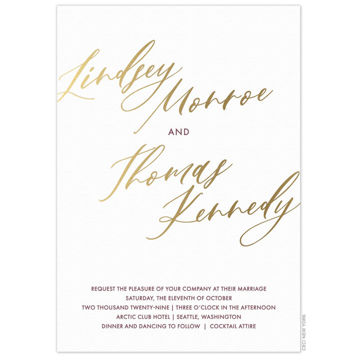 white paper invitation with gold modern script writing and maroon block font