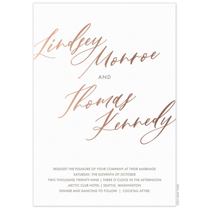 white paper invitation with rose gold modern script writing and dark gray block font