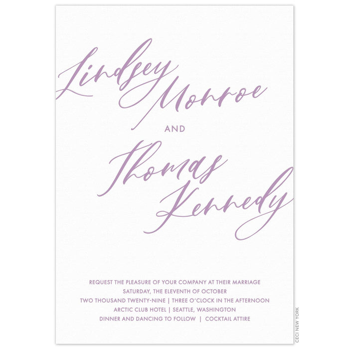 white paper invitation with both lavender modern script and block font