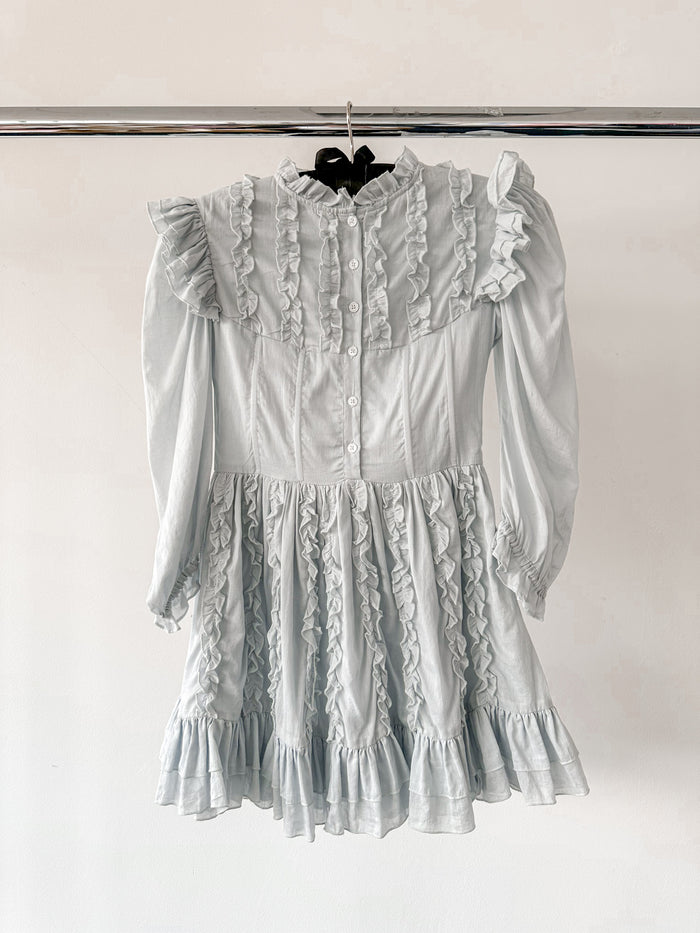 Amy Jane London Blue Annie Ruffle Pleat Detail Puff Sleeve Mini Dress - House Of Huntington
