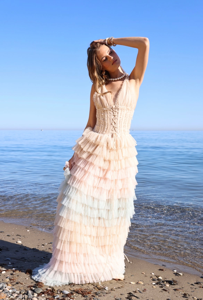 Amy Jane London Iris Dusty Corset Bodice Ruffle Tulle Layered Fairytale Gown - House Of Huntington