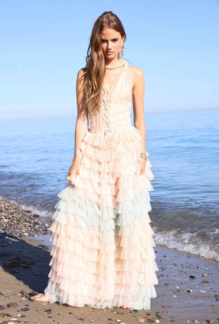 Amy Jane London Iris Dusty Corset Bodice Ruffle Tulle Layered Fairytale Gown - House Of Huntington