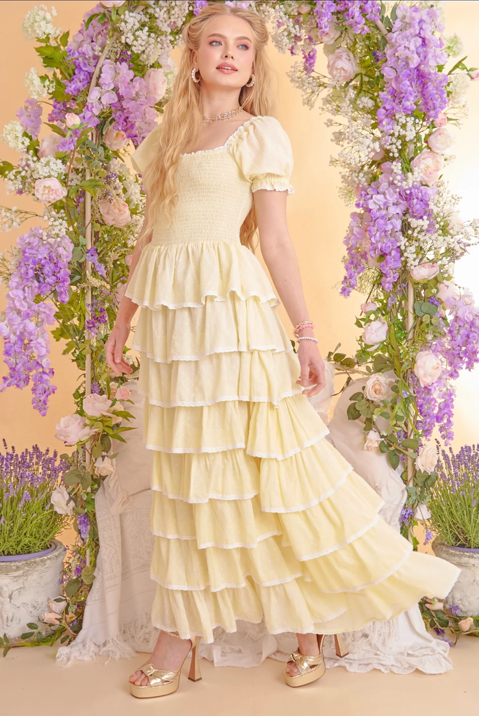 Amy Jane London Lemon Yellow Luna Tiered Ruffled Puff Sleeve Maxi Dress - House Of Huntington