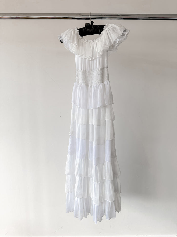 Amy Jane London White Aurelia Bardot Tiered Maxi Dress - House Of Huntington