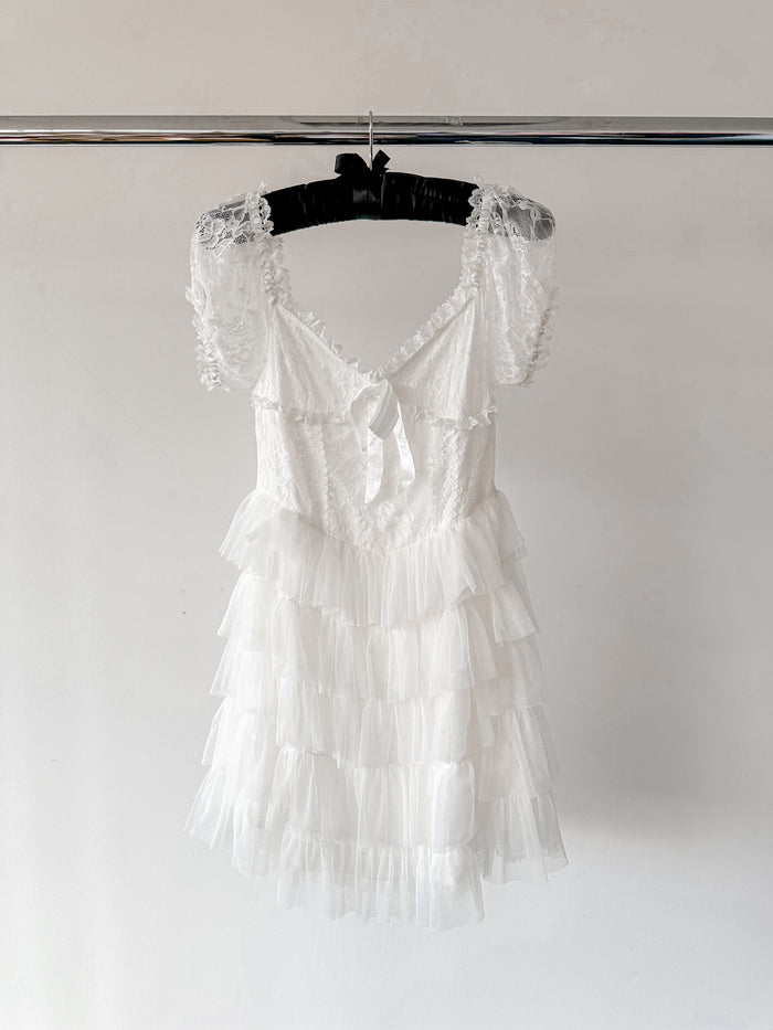 Amy Jane London White Sofia Lace Coquette Corset Style Ballerina Tulle Hem Mini Dress - House Of Huntington