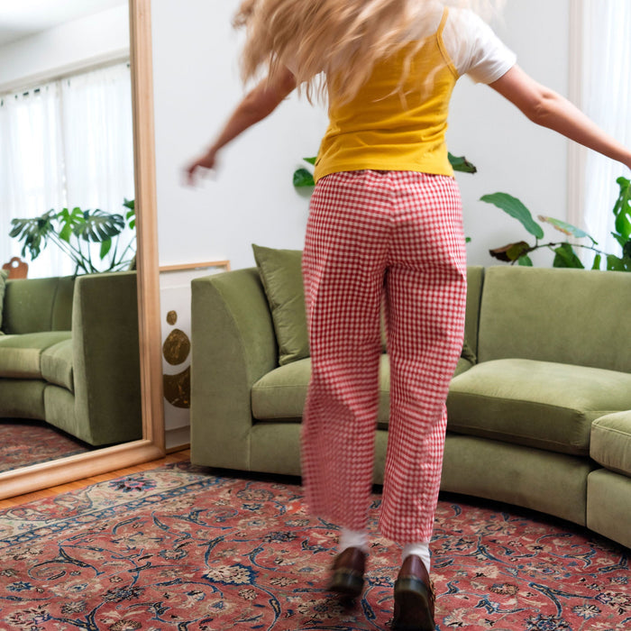 Red Gingham Arc Pants on Model