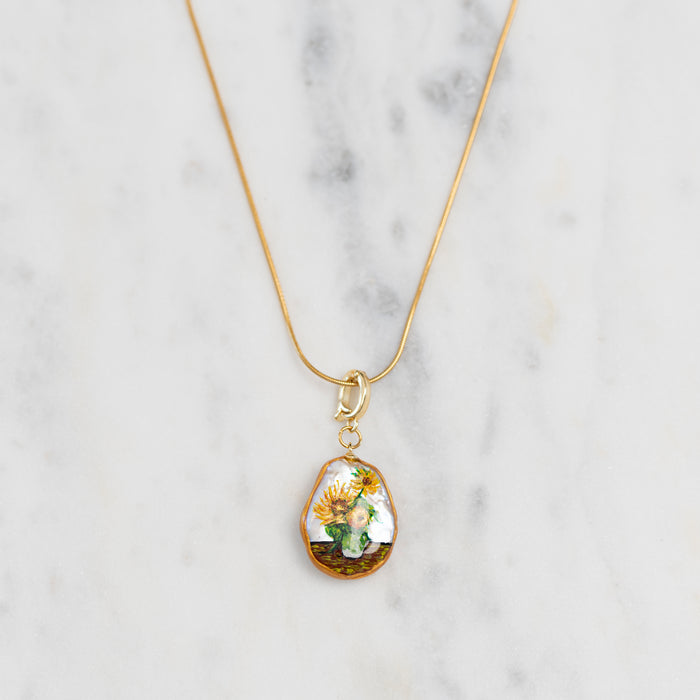 Van Gogh Sunflowers Painting on Real Pearl Necklace With Gold Chain