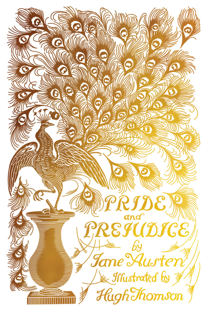 Book cover of 'Pride and Prejudice' with gold peacock feathers and illustration.