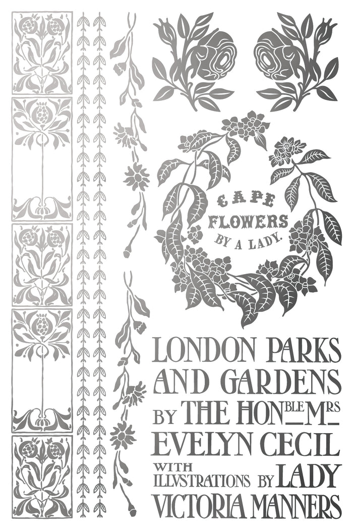 Decorative book cover with floral designs and text about London parks and gardens.