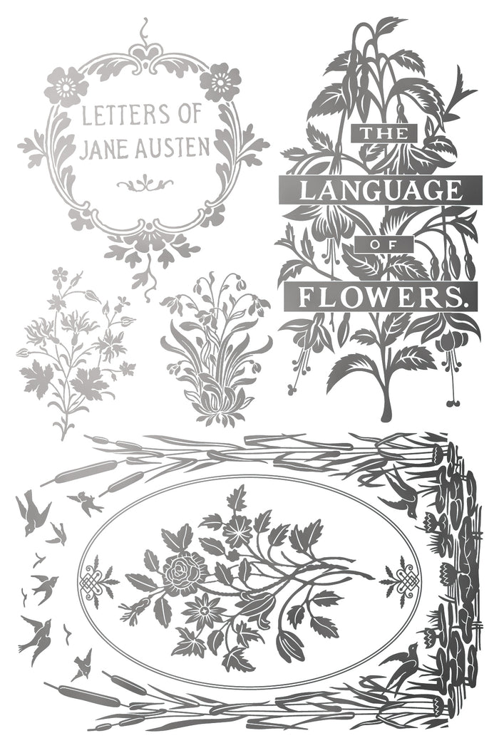 Decorative elements with floral designs and text inspired by Jane Austen's 'The Language of Flowers'.