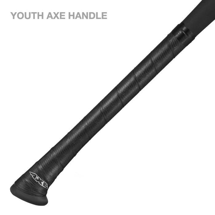 Close-up of the AXE Pro Maple Youth Wood Baseball Bat: L116J handle, featuring a textured grip, big-barrel profile, and a flared end. "YOUTH AXE HANDLE" text appears in the upper left corner. Brand: AXE.