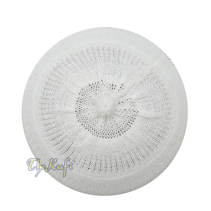 Baby Kufi White Stretch-Knit Pom-Pom Soft Cotton Beanie Skull Cap