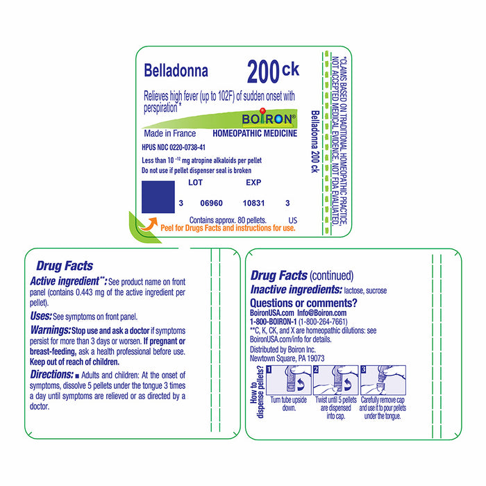 Belladonna 200ck homeopathic medicine blister card by Boiron, showing product details, drug facts, and directions on a white background.