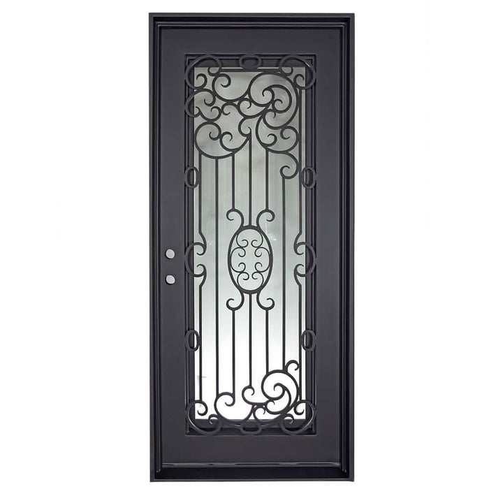 Blackbird Bronze color iron flat top single entry door with thick glass panel.