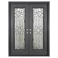 Double entryway doors made with a thick iron and steel frame and two full-panel windows behind an intricate iron design. Doors are thermally broken to protect from extreme weather.