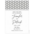 White save the date with black linked pattern on the top of the card. Black script and block font centered on the card.