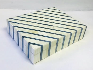 BLUE AND WHITE STRIPED BONE BOX , LARGE