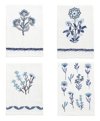 Blue & White Floral Embroidered Tea Towel