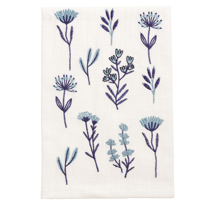 Blue & White Floral Embroidered Tea Towel