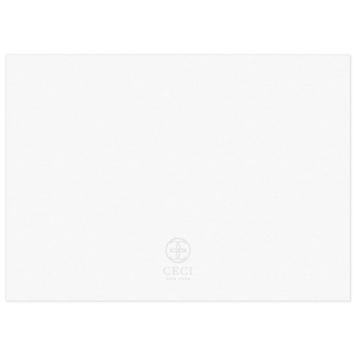 White blank back of a save the date with a gray Ceci New York circle logo at the bottom.White blank back of a save the date with a gray Ceci New York circle logo at the bottom.