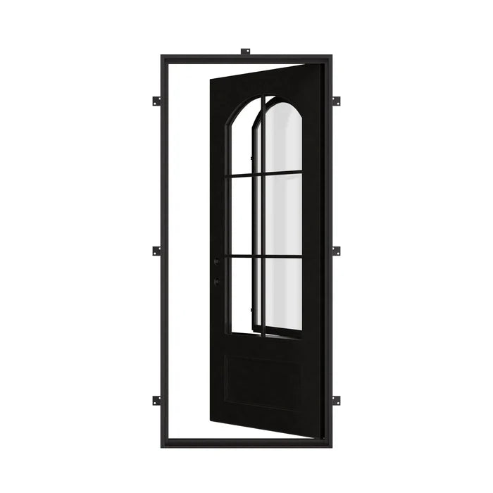 Bristol Single flat top door with simple scrollwork and dual-pane glass.