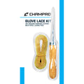The Champro Sports Glove Relacing Kit: A010 includes a coiled genuine tan rawhide lace and sturdy steel lacing tool with wooden handle. Packaging reads: 48" genuine rawhide lace with steel lacing tool.