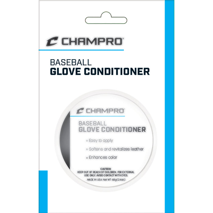 Champro Sports Leather Glove Conditioner (A029) comes in sleek white and blue packaging. It features easy application, cleans gloves, softens leather, and revitalizes color for enhanced glove appearance.