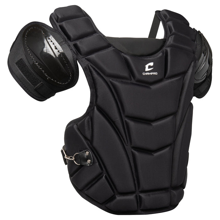 The Champro MVP Umpire Chest Protector: CP9 by Champro Sports features black padding, abrasion-resistant shoulder pads, segmented flexible panels, a side buckle closure, and the Champro logo on the front.