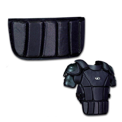 The Champro Sports PRO PLUS Umpire Abdomen Extension (CP16) is a black padded chest protector and shoulder guard set, designed for safety in sports, shown against a white background.