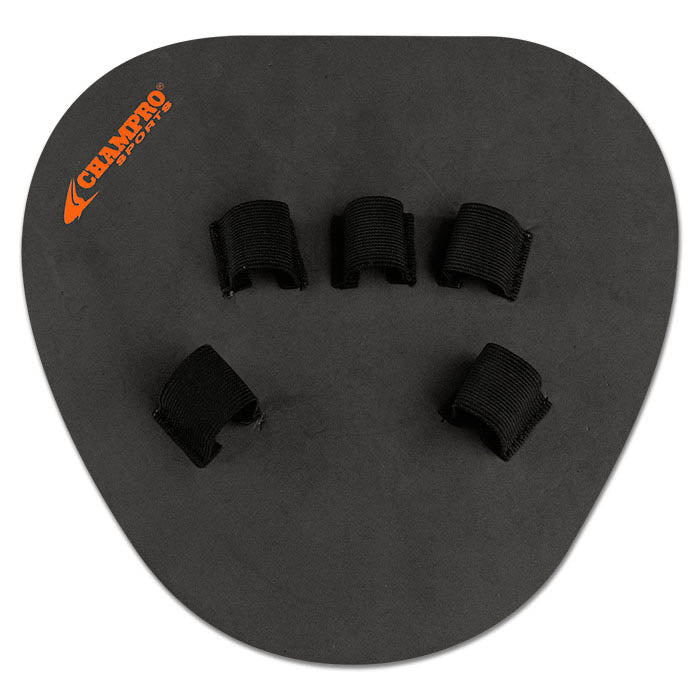 A black Champro Sports Turn-2 Infield Training Glove: CPTT with five finger slots made of elastic bands, used for baseball training. The Champro Sports logo is printed in orange in the upper left corner.