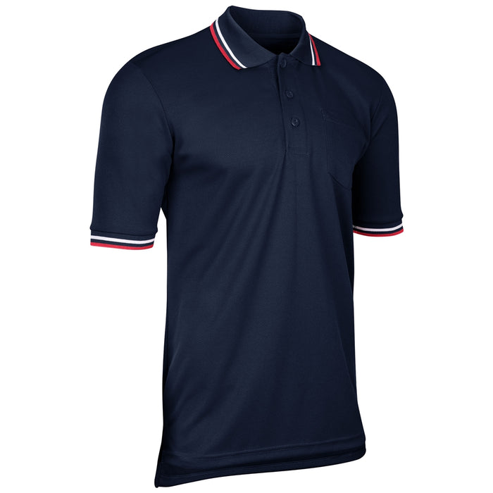 The Champro Sports Umpire Polo: BSR1 is a navy blue short-sleeve polyester mesh shirt with a collar, three buttons, white and red striped accents on the collar and cuffs, plus a left chest pocket for convenience.