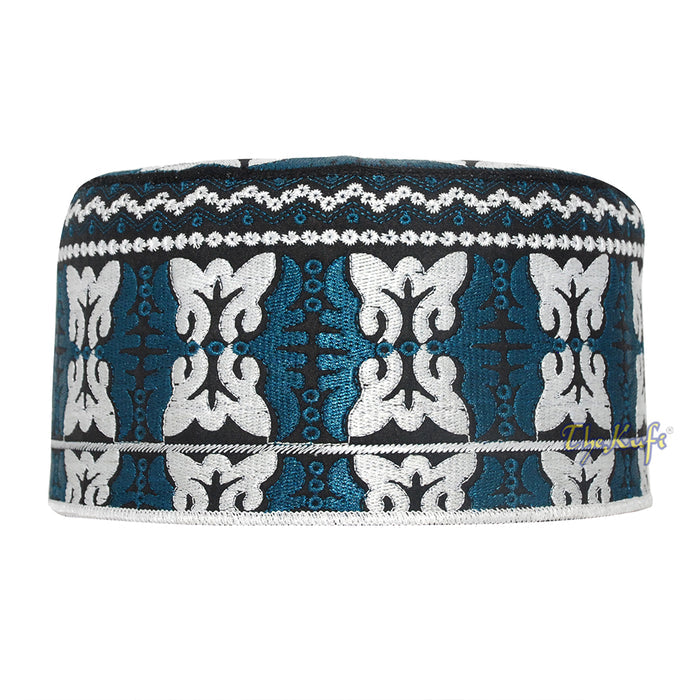 Dark Blue White Muslim Omani Kufi 4-inch Tall Butterfly Motif Islamic African Fashion Prayer Hat