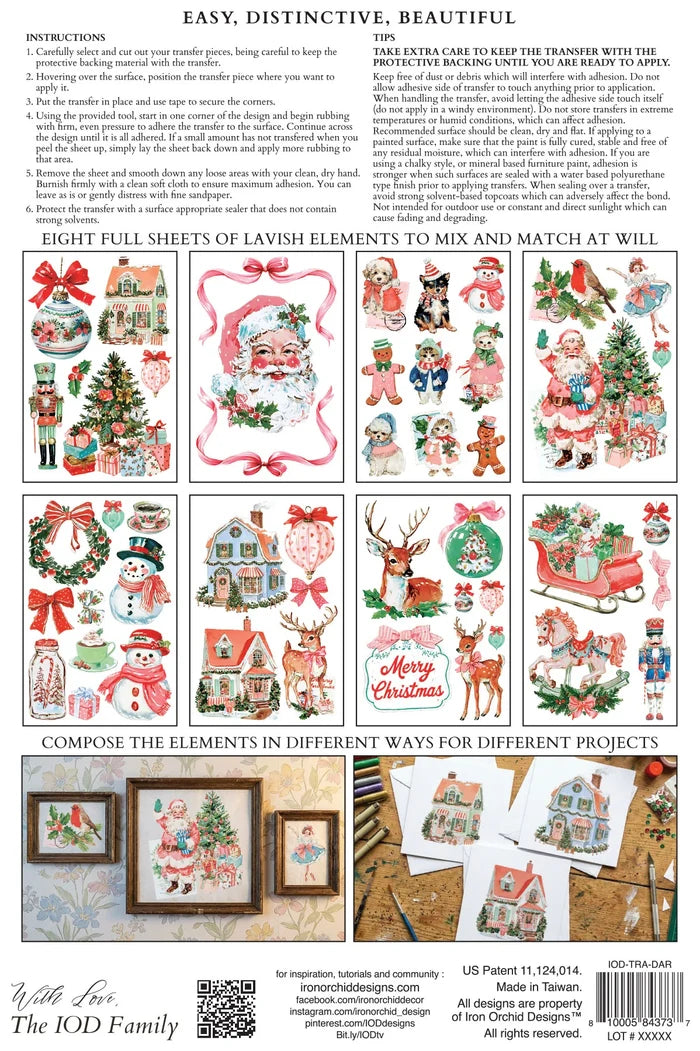 Instruction sheet for a Christmas-themed cross-stitch or needlework kit, showing multiple sample stitched designs of trees, snowmen, houses, ornaments, and holiday scenes, along with written instructions and small framed preview examples.