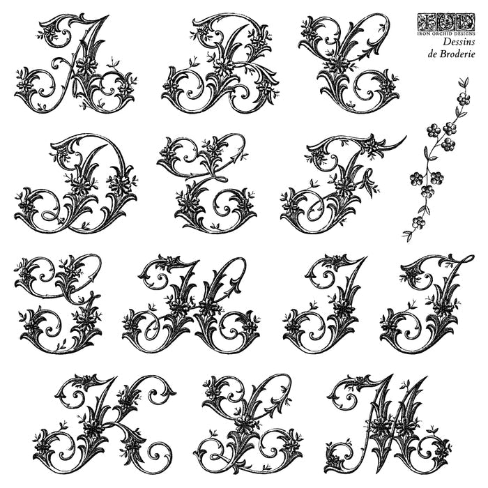 Decorative black letters A to M on a white background with 'Devisins de Broderie' branding.